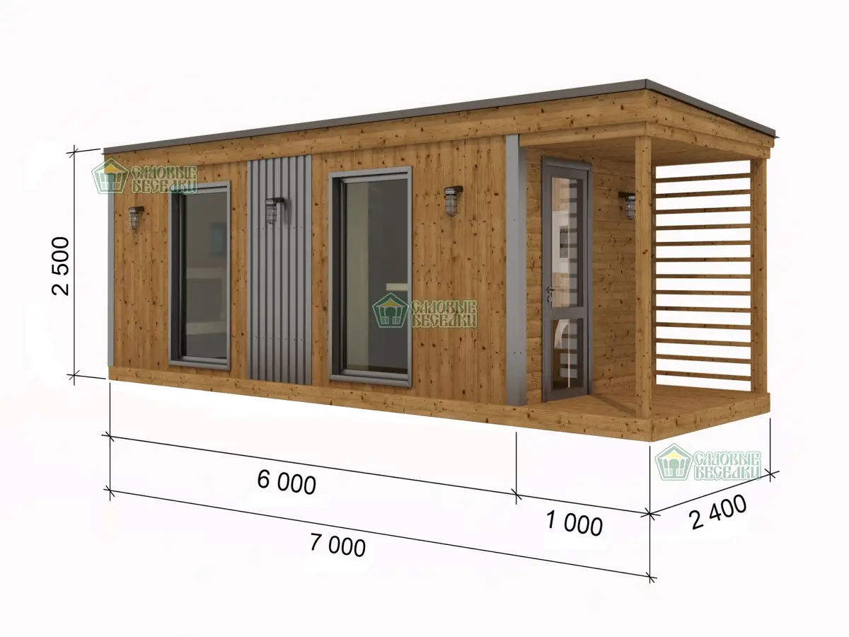 Каркасная мобильная баня 2,5х7 с навесом чертеж с размерами №2