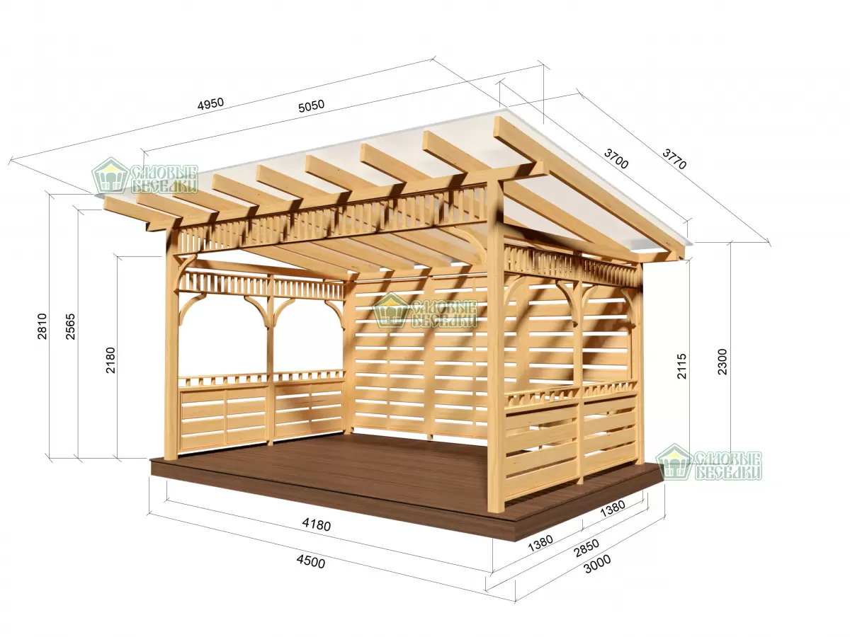 БЕСЕДКА-ВЕРАНДА ОТКРЫТАЯ С КРЫШЕЙ ИЗ ПОЛИКОРБАНАТА 3Х4,5 (размеры)