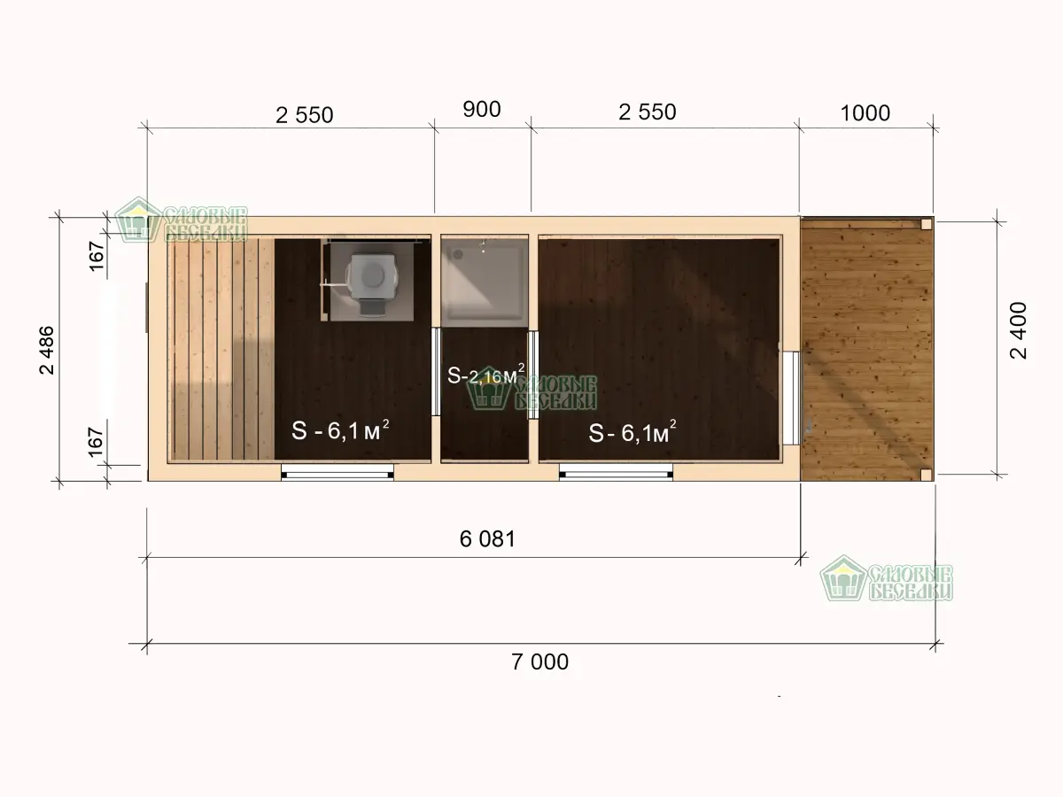 Каркасная мобильная баня 2,5х7 с навесом чертеж с размерами №1