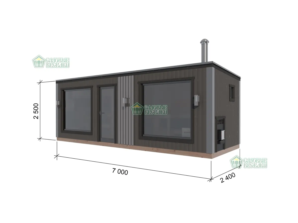 Баня ”Black Onyx” 2,5х7 м с панорамными окнами габариты