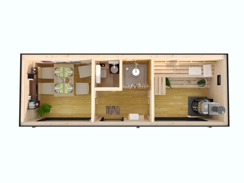 Баня ”Black Onyx” 2,5х7 м с панорамными окнами Планировка