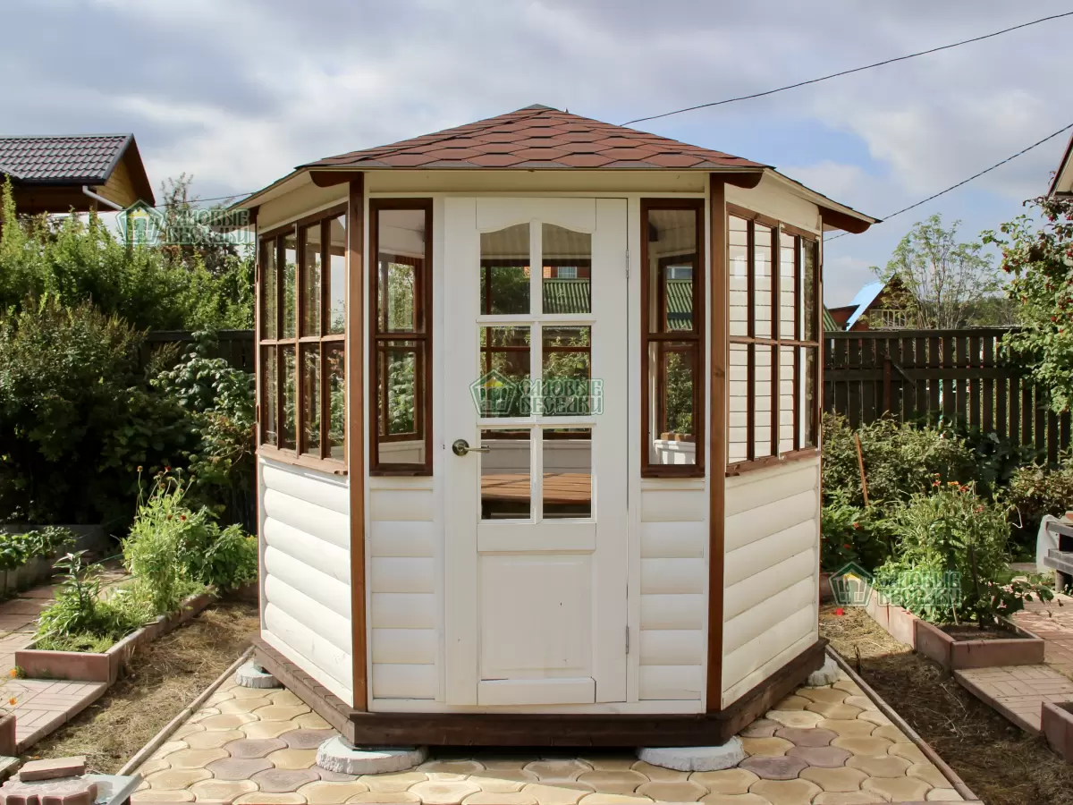 Беседка застекленная, цвет Белый и Махагон