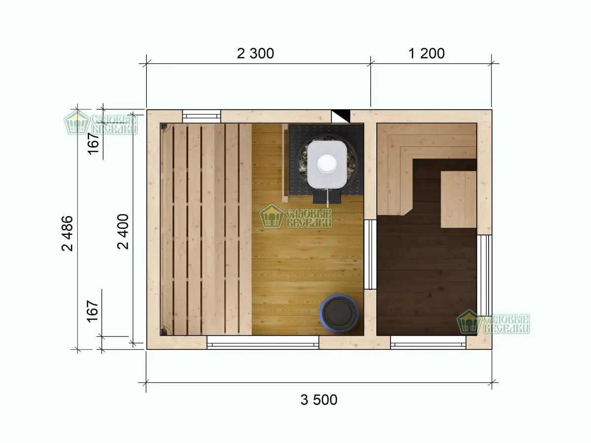 Каркасная баня «Мини» 2,5х3,5 планировка