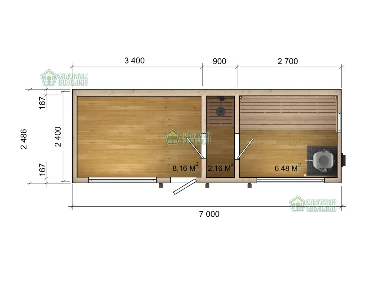 Баня с увеличенной комнатой отдыха чертеж с размерами