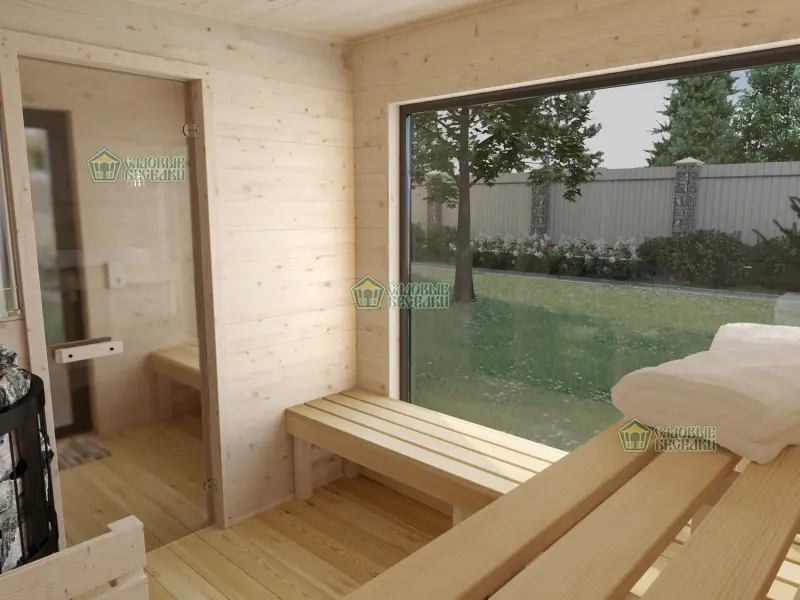 Баня каркасная 5х2,5 с навесом интерьер 2