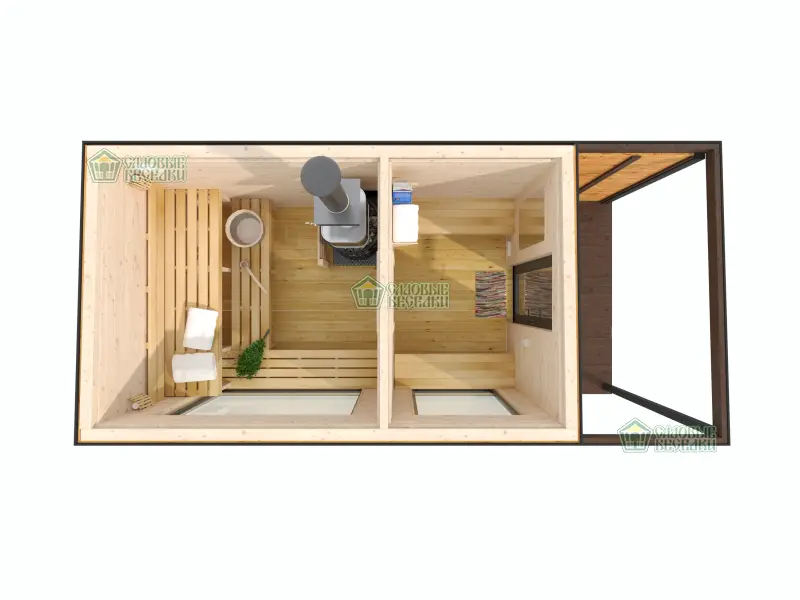 Баня каркасная 5х2,5 с навесом планировка