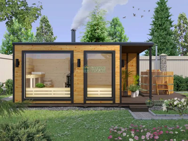 Баня каркасная 5х2,5 с навесом фото 3