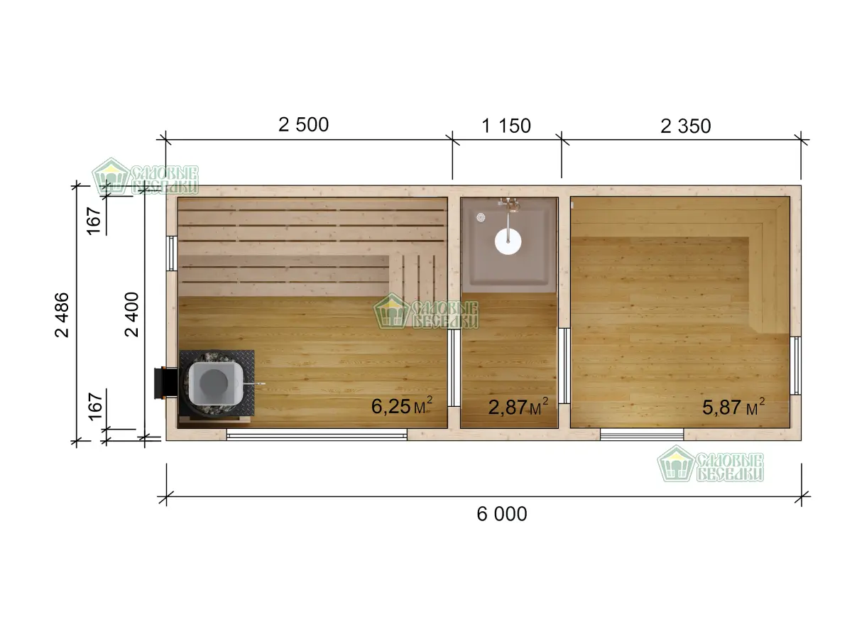 Баня ”Скандинавия Стандарт” 6х2,5 Планировка