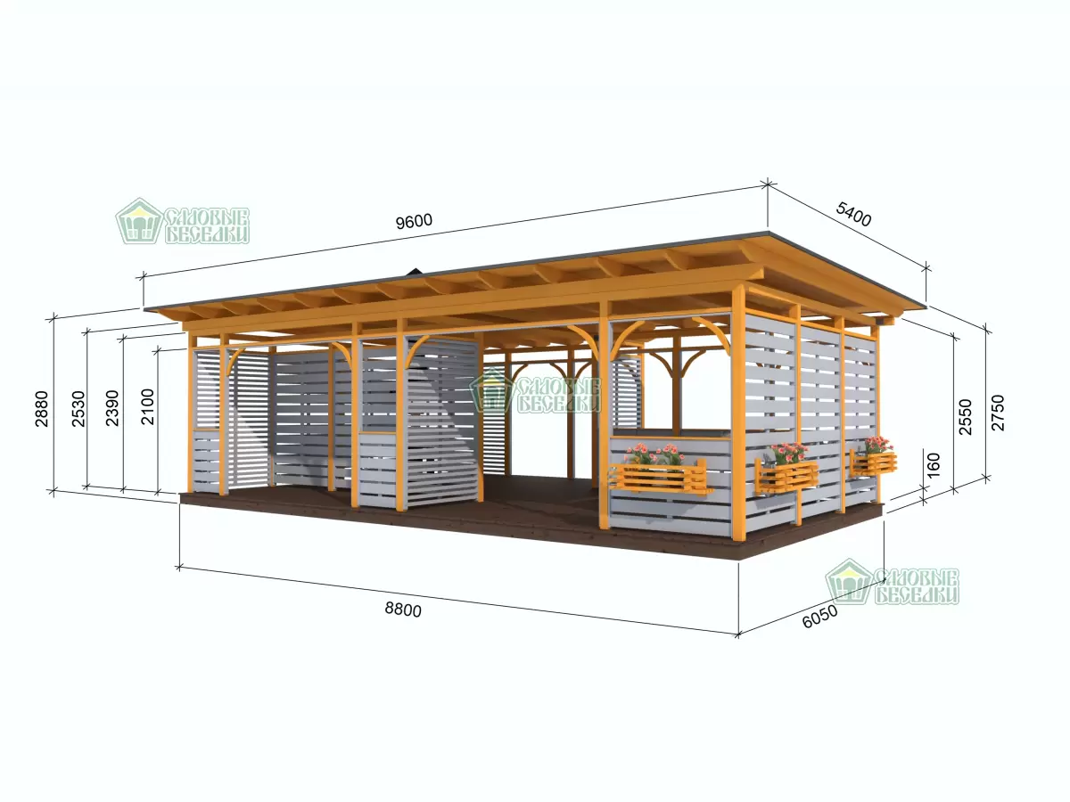 Чертеж деревянная зона отдыха размером 6х9 м с местом под гриль барбекю №8