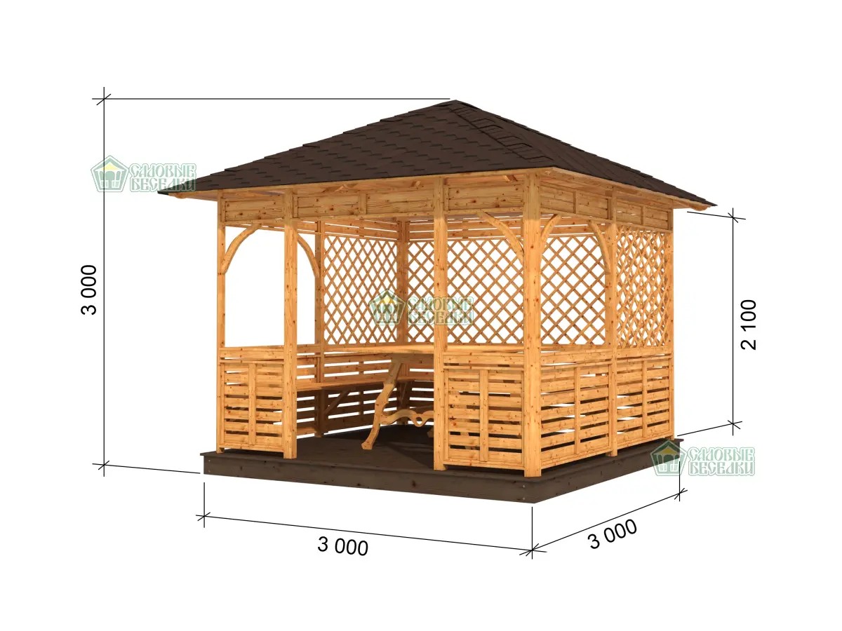 Чертеж и размеры квадратной беседки Аура размер 3Х3 №10