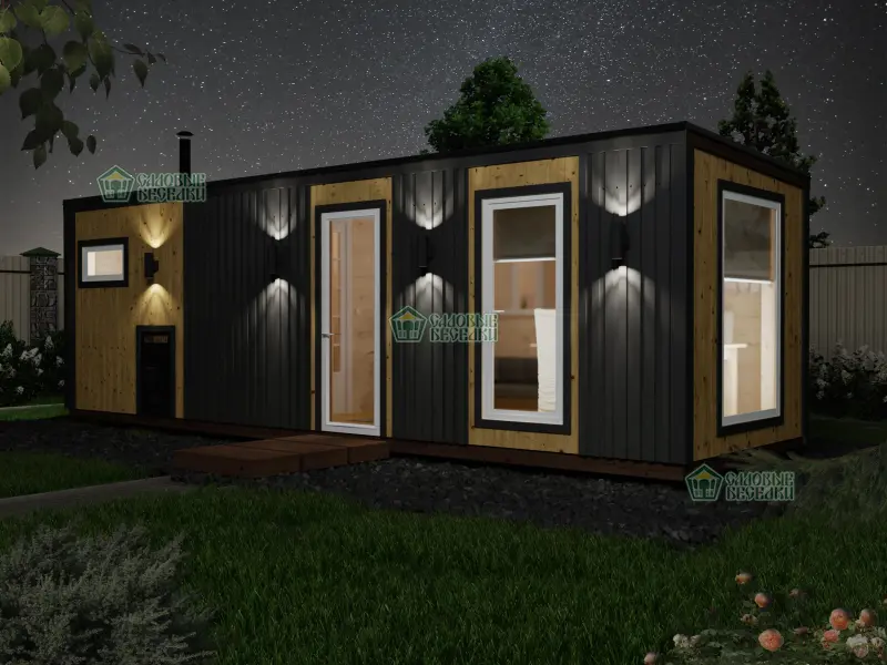 Каркасная баня ”Скандинавия плюс” 2,5х8 ночной вид