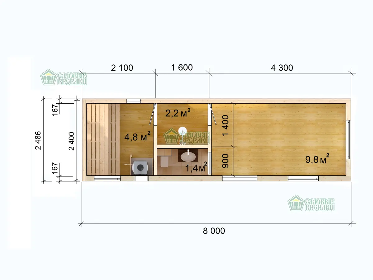 Каркасная баня ”Скандинавия плюс” 2,5х8 планировка