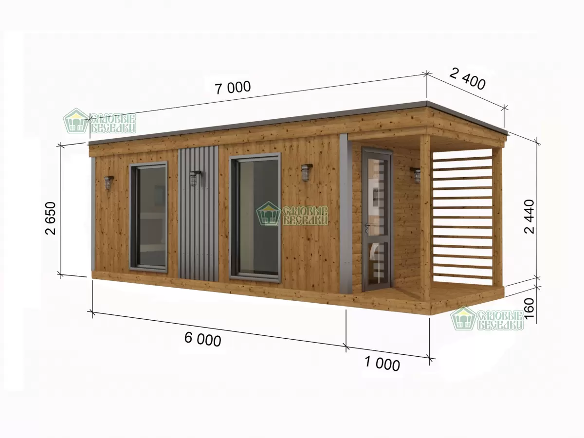 Чертеж с размерами для каркасной мобильной бани 2,4х7 №1