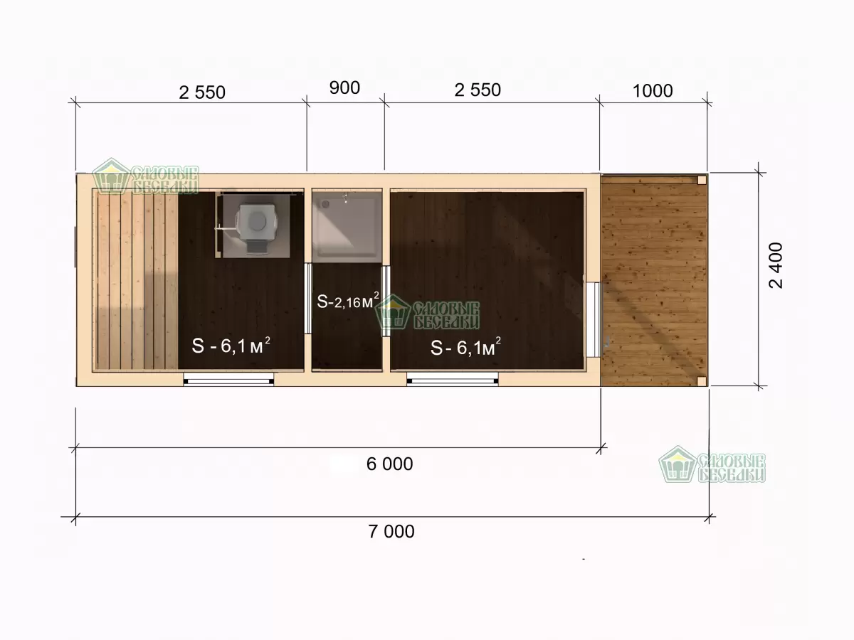 Чертеж с размерами для каркасной мобильной бани 2,4х7 №2