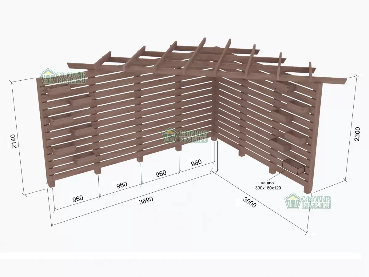 Пергола угловая закрытая орех №6