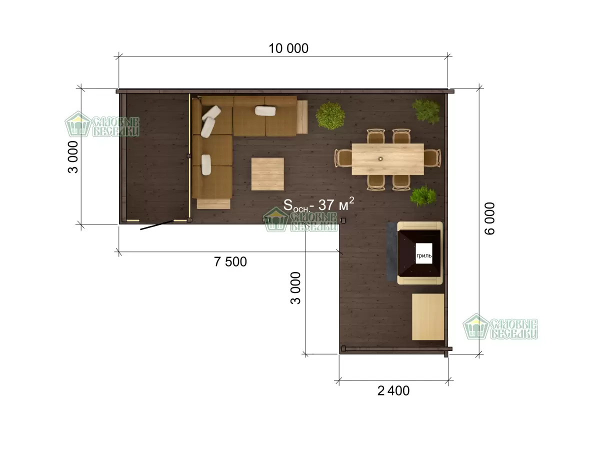 Веранда с лаунж зоной площадью 37м2 с подсобным помещением план